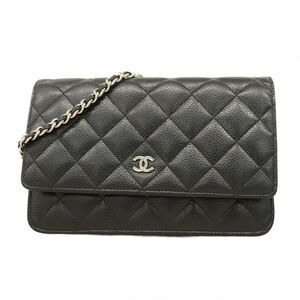 CHANEL Shoulder Wallet Matelasse Caviar Skin Black Silver Hardware Women's